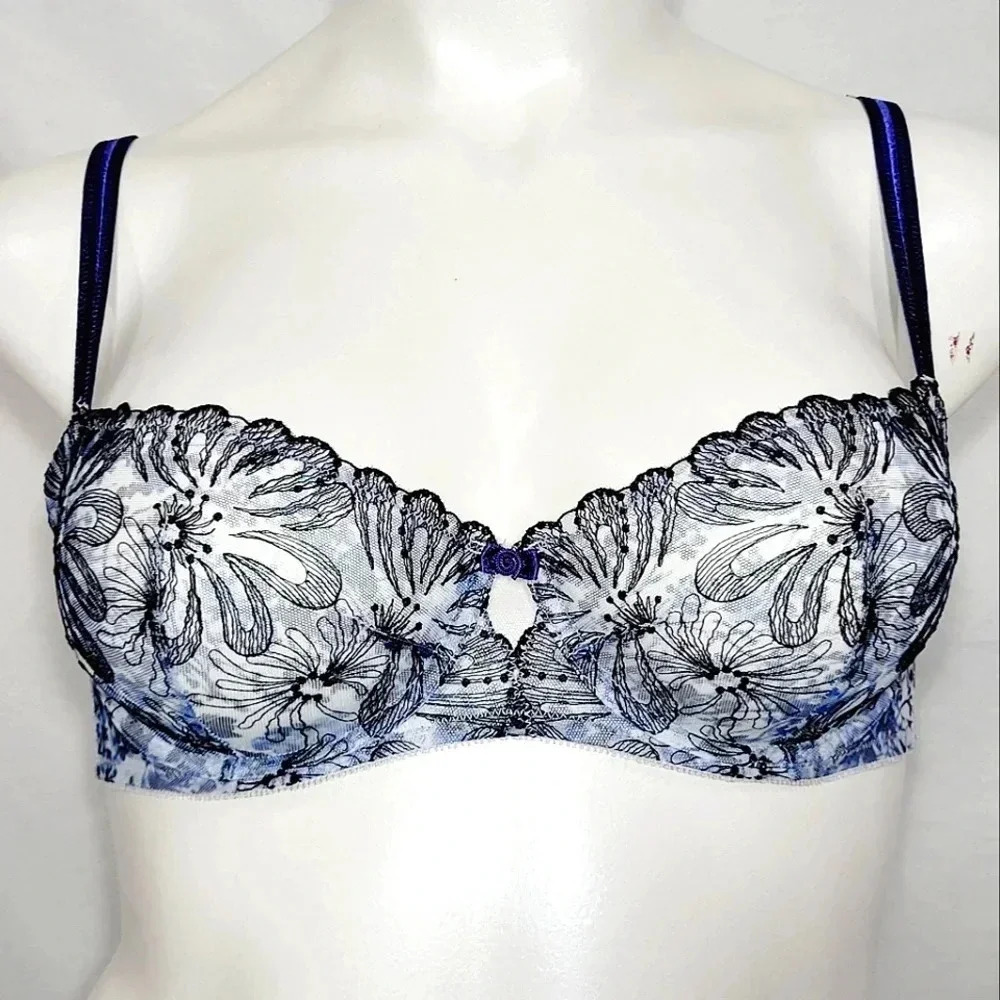 34C Paramour 115009 Ellie Demi Unlined Lace Underwire Bra Blue Blossoms NWT